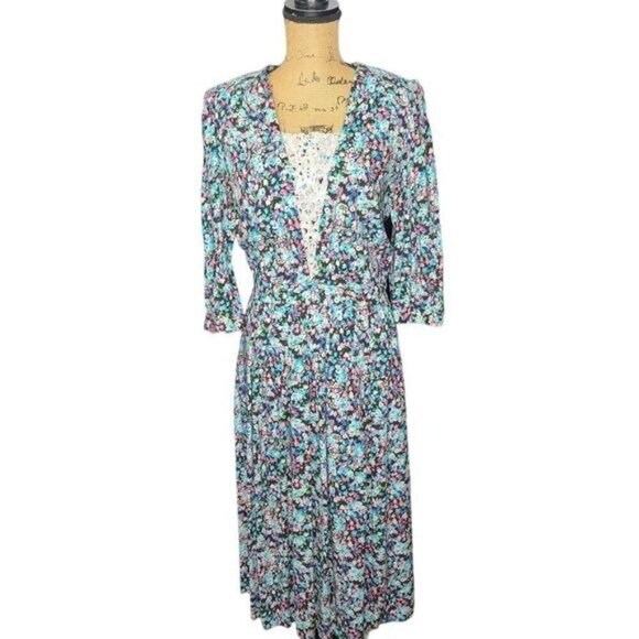 Vintage Dainty Blue Pink Cottagecore Floral Dress - Picture 1 of 16